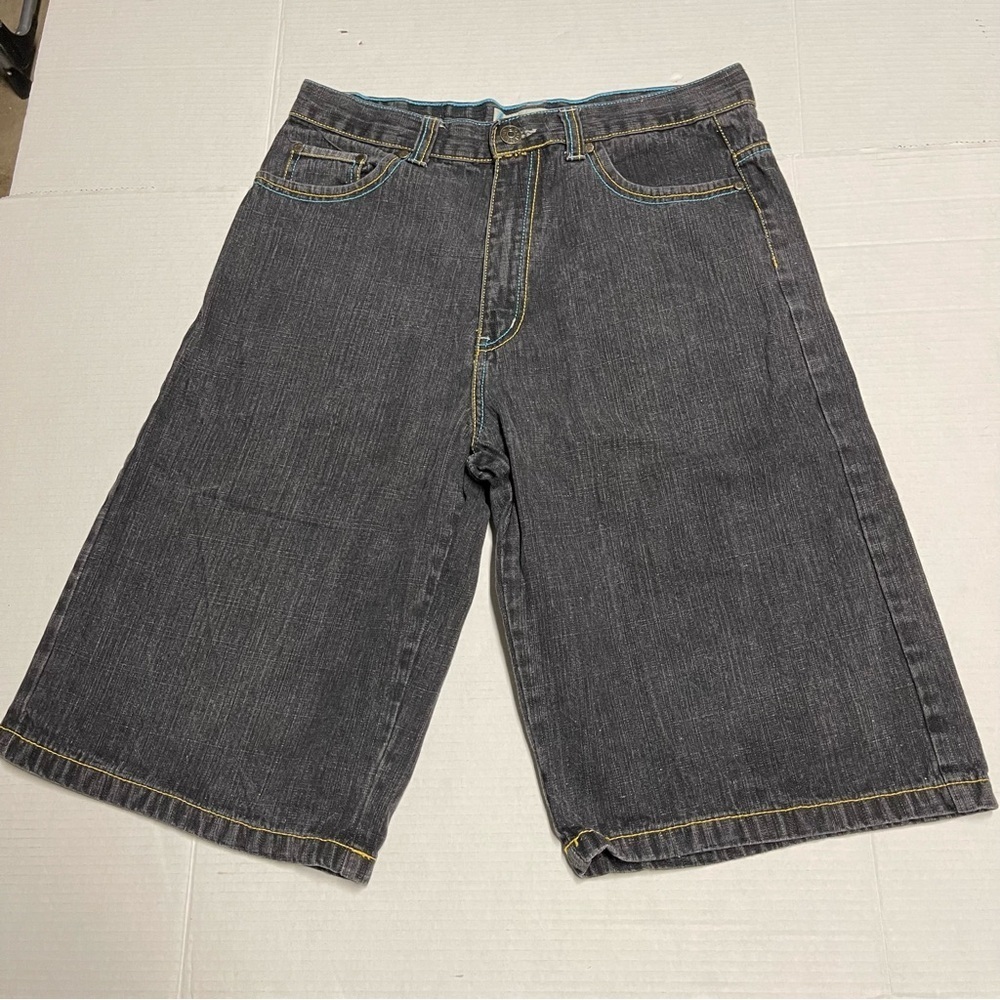 Indigo Charcoal Denim Jean Shorts with Yellow and Blue Stitching Size 34 Jorts